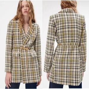 ZARA Women Tweed Coat M Beige Black Plaid Tweed Long Blazer Jacket Classic